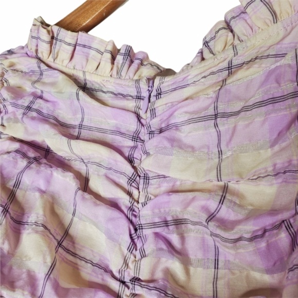 New Ganni Seersucker Check Ruched Short Dress - Picture 10 of 11